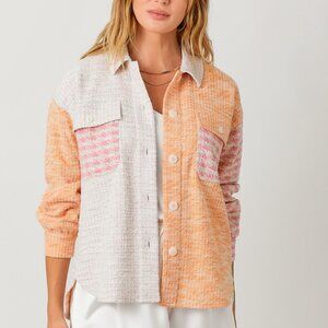 Mystree Colorblock Textured Button Front Shacket | Peach Pink Cream Oversized